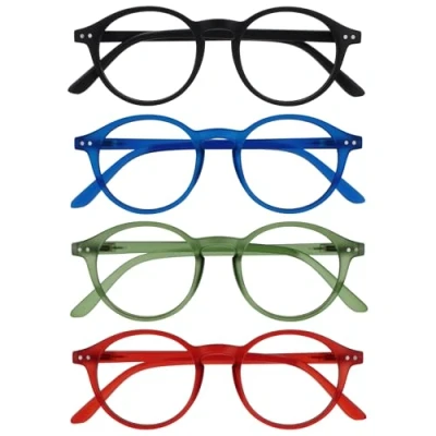 Imagen de OPULIZE REY Gafas de Lectura Pack 4 Montura Redonda Retro Negro Mate, Azul, Verde, Rojo Hombre Mujer Bisagras Muelle RRRR56 136Z +3.50