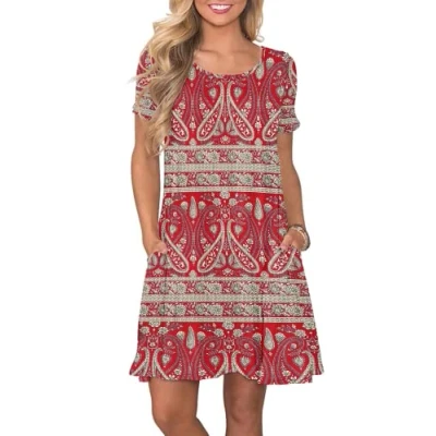 Imagen de AUSELILY Vestidos Verano Mujer Vestido T Shirt Casual Manga Corta con Bolsillos Flor Boho Roja M