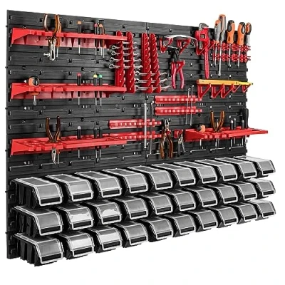 Imagen de Lote de 30 cajas apilables plástico con tapa, paneles pared 115 x 78 cm, caja almacenamiento negras, bandejas para colgar en la pared, mesales