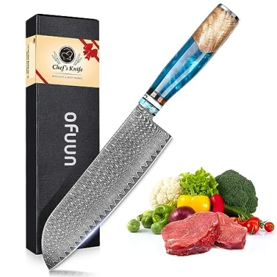 Imagen de oFuun Cuchillo Santoku de Damasco, 17.5cm Chef Japoneses, 67 Capas Cuchillos Cocina profesional para Cortar Verdura, Fruta, Carne