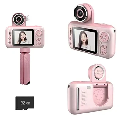 Imagen de EMEBAY cámara digital de 2,4 pulgadas con soporte trípode para niños, mini selfie recargable videocámara 32G SD tarjeta vídeo HD 1080p, regalo juguete niñas niños