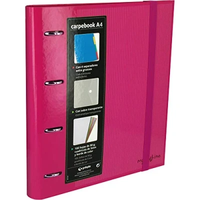 Imagen de Grafoplás 88102054. Carpeta 4 anillas troqueladas A4 con sobre transparente, separadores y 100 hojas, color rosa, de 35mm, cierre goma. Carpbook Multiline