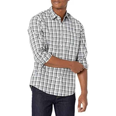 Imagen de Amazon Essentials Camisa Informal de Popelina con Manga Larga y Corte Recto Hombre, Gris Cuadros Escoceses, L