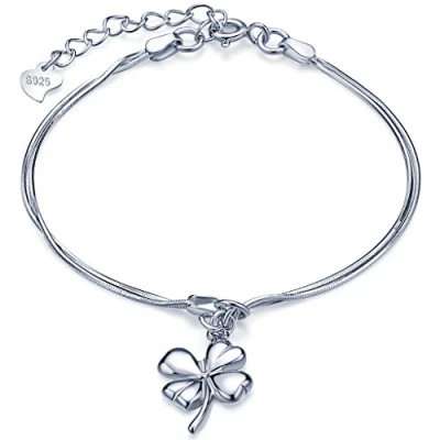 Imagen de Unendlich U Pulsera para Mujer con Abalorio de Plata Ley 925, Diseño Trébol Cuatro Hojas Cadena Extensión Ajustable Color Plateado Idea Regalo Chicas
