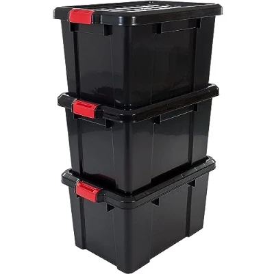 Imagen de Iris Ohyama, Juego de 3 cajas almacenamiento para bricolaje, 50 L, con cierre a presión, apilable, garaje Power Box SK 450 Negro