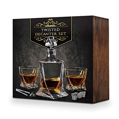 Imagen de Mikamax Twisted Decanter Set Juego de decantador y vaso whisky 2 vasos 9 piedras Caja regalo madera Whiskey And Glass
