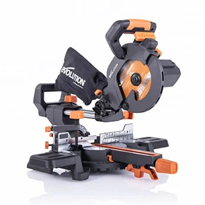 Imagen de Evolution Sierra ingletadora deslizante de 185 mm (R185SMS+) con corte multimaterial; bisel 45, inglete 50; guía láser. Incluye hoja multiusos
