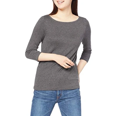 Imagen de Amazon Essentials Camiseta Lisa y Entallada de Manga 3/4 con Escote Barco Mujer, Carbón Mezcla, L