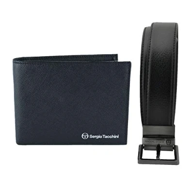 Imagen de Sergio Tacchini, caja de regalo para hombre, conjunto cinturón acortable y reversible negro marrón cartera cuero genuino