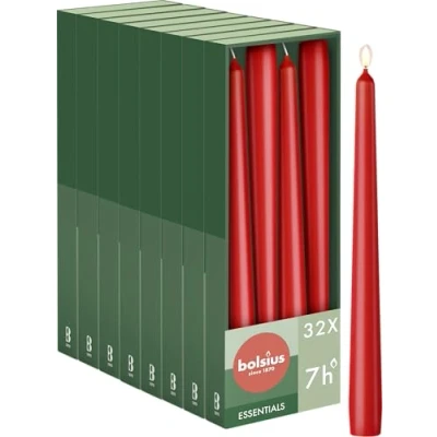 Imagen de Bolsius Velas lisas de punta Rojo 32 unidades en caja decorativas para el hogar Tiempo combustión 7 horas Sin perfume Contiene protección vegetal natural aceite palma
