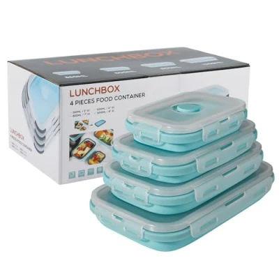 Imagen de Beeptrum Recipiente de silicona plegable con tapa, fiambrera portátil para picnic al aire libre que ahorra espacio, apto microondas, lavavajillas y congelador, juego 4(Azul claro)