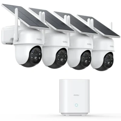 Imagen de AOSU 2K 3MP Camara de Vigilancia Solar WiFi Exterior, Kit 4 Cámaras con Homebase, Sin Suscripción, Camaras Cables Panel Solar, 360 PTZ, Seguimiento Automático, Audio Bidireccional