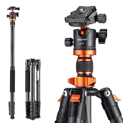 Imagen de K&amp;F Concept Trípode Cámara Carbono, 160cm de Viaje Ligero con Monopié, Profesional Compacto Rótula Bola 360y Placa Liberación Compatible DSLR D254C1+BH 28L