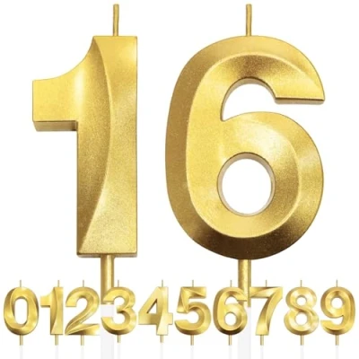 Imagen de 16th Vela de Cumpleaños con Purpurina Dorada y Diseño 3D Número 16, Velas Números, Decoración Tarta, Tarta para Fiesta Cumpleaños, Aniversario Boda,
