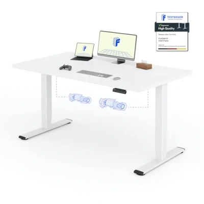 Imagen de FLEXISPOT 2 Motor Escritorio Elevable Eléctrico 140x80 con Una Tabla de Mesa Completa, Panel Memoria, Regulable en Altura, 100KG Carga, Blanco+Blanco