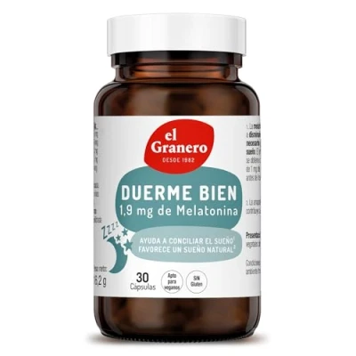 Imagen de el Granero Duerme Bien 30 Cápsulas Vegetales Complemento Alimenticio Melatonina 1,9 mg, Amapola de California y Lúpulo Ayuda a Conciliar Sueño Apto para Veganos Sin Gluten