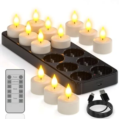 Imagen de Yme velas de té recargables con función temporizador y estación carga, 12 LED recargables, parpadeantes, mando a distancia, para habitaciones, salones, Halloween, Navidad,