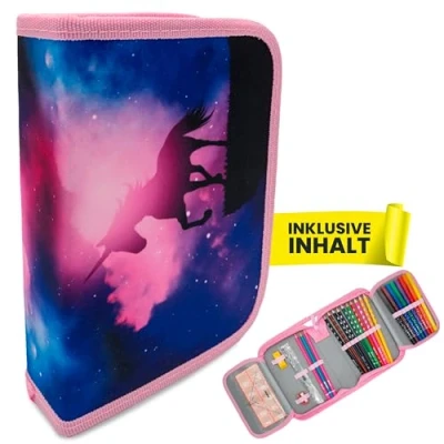 Imagen de itenga Estuche escolar de 28 piezas lleno 1 cremallera para niños y niñas, Unicornio mágico, Divertido