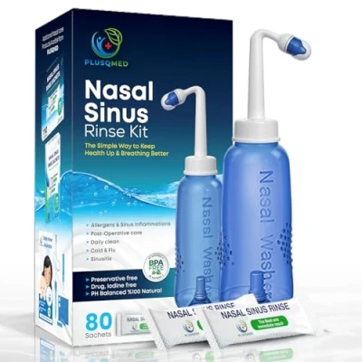 Imagen de PLUSQMED Neti Pot, Kit de enjuague sinusal, bolsitas premezcladas 80 piezas, Pot 300 ml, lavado nasal