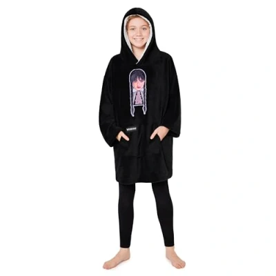 Imagen de Wednesday Miércoles Addams Sudadera con Capucha de Forro Polar Niñas Talla única, Manta, Ropa Niñas, Regalo Navidad (Negro/Negro)