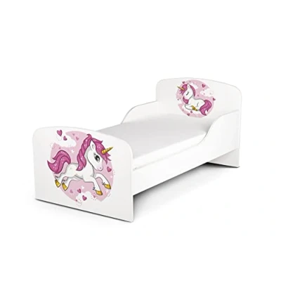 Imagen de leomark Blanco Cama Infantil Completa de Madera Lovely Unicorn Colchón, Somier, Muebles para Niños, Espacio Dormir: 140/70 cm, Impresión UV
