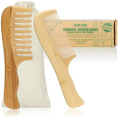 Imagen de com four® Set Premium de Peine bambú 2 Piezas Peines Madera sostenible Maciza (Peines Partes)