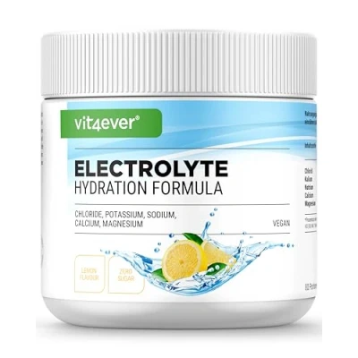 Imagen de Electrolitos 400 g (80 raciones) Fórmula hidratante con cloruro, potasio, sodio, calcio, magnesio Perfecto para deportistas pérdida de líquidos Sin azúcar Vegano Sabor limón