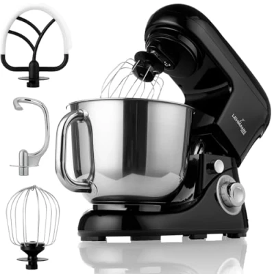 Imagen de Lehmann Máquina de cocina planetaria, cuenco (acero inoxidable, 5 L, batidora multifunción, 2200 W, 6 velocidades) Tapa antisalpicaduras, gancho amasador, batidor