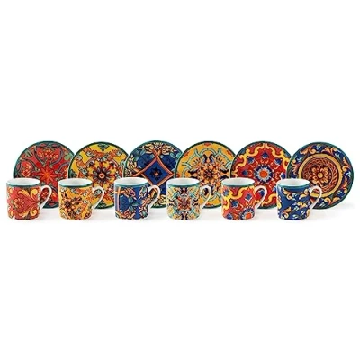Imagen de Excelsa , Porcelana, juego de 6 tazas café Trinacria con platillo, multicolor