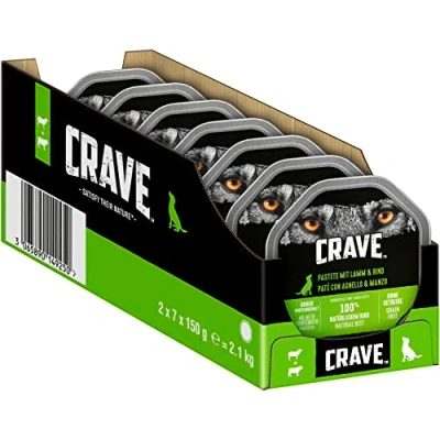 Imagen de Crave Comida para Perros Adultos con Cordero y Vacuno, 14 Cuencos, 7 x 150 g (2 Unidades) Premium húmeda Alto Contenido de proteínas sin adición Cereales