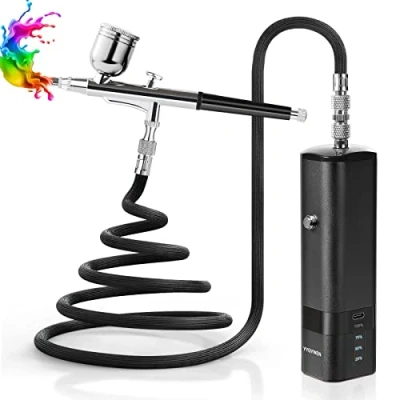 Imagen de Kit de aerógrafo con compresor, juego mini pistola aire mano 32 PSI, cepillos portátiles alta presión para pintura, tatuaje, arte uñas, modo, maquillaje, pasteles, barbería