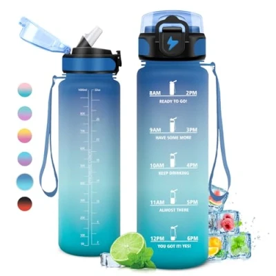 Imagen de Botella Agua 1L, con Pajita, Motivadora y Prueba de Fugas, Deporte Reutilizable, Garrafa para Niño, Niña, Colegio, Preescolar, Guardería, Bicicleta, Fitness