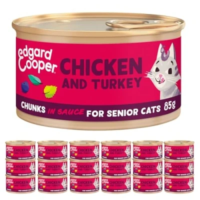 Imagen de Edgard &amp; Cooper Comida Húmeda Gatos Esterilizados o Activos Mayores Senior Trozos en Salsa Natural Sin Cereales Latas 85g x 16 Pollo Pavo, Alimentación Sana Sabrosa y Equilibada
