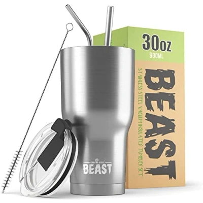 Imagen de Greens Steel BEAST Termo Café para Llevar 900ml I Plateada Taza Térmica de Acero Inoxidable Reusable Viajera Doble Pared al Vacío 2 Pajitas y Cepillo Limpieza