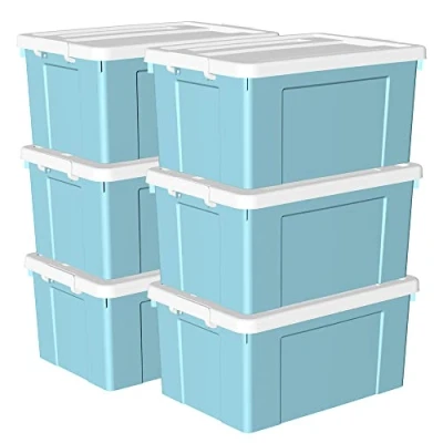 Imagen de Cetomo 65L*6 Caja de Almacenamiento con Ruedas, Plástico Tapa y Cierre Seguro, Contenedor Grande, Duradera, Apilable, Resistentes, Azul, Paquete 6 65L