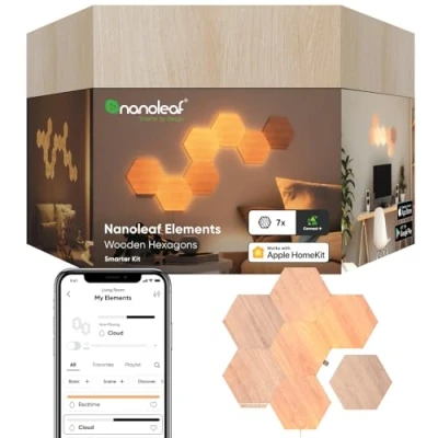 Imagen de Nanoleaf Elements Kit de Inicio 7 Hexágonos Luminosos Led Efecto Madera, Apliques Pared Interior Modulares, Luces Inteligentes Regulable WiFi, Compatible Alexa, para Decoración Habitación