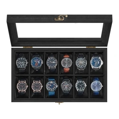 Imagen de SONGMICS Caja para Relojes con 12 Compartimentos, de Madera Maciza, Tapa Cristal, Cojín Relojes, Regalo Queridos, Negro Tinta JOW120B02
