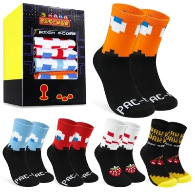 Imagen de Pac Man Calcetines Transpirables Hasta la Pantorrilla para Hombre, Pack de 5 (Negro/Amarillo, 43/46 EU)