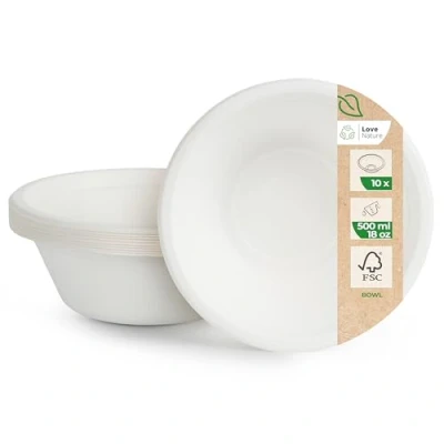 Imagen de Love Nature cuencos desechables de pulpa caña azúcar 500 ml 10 piezas ecológicos Vajilla desechable