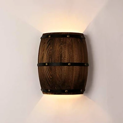 Imagen de Newrays Antique 2 Tomacorrientes Wood Wine Barrel Aplique de pared Accesorio iluminación Arriba y abajo Lámparas interiores para el área la barra Tema Steampunk