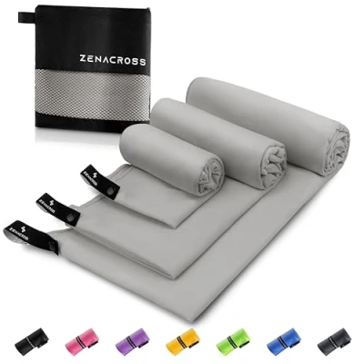 Imagen de ZENACROSS Toalla Gimnasio (Juego de 3) con Bolsa Transporte Microfibra Secado Rápido y Versátil Toallas Tallas S, M, L Gris