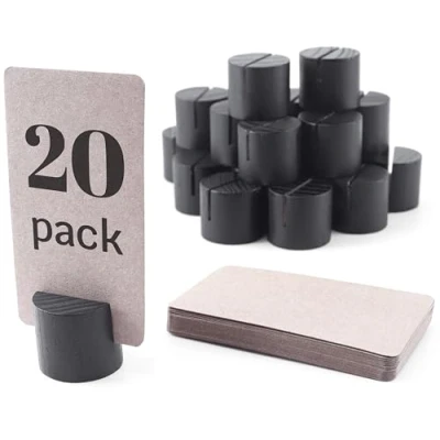 Imagen de Paquete de 20 mini soportes madera para números mesa con 25 tarjetas papel kraft, lugar, comedor, nombre