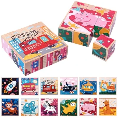 Imagen de Bloques Rompecabezas Madera, 6 en 1 Animales y Motivos Transporte Puzzle, Montessori Juguete Aprendizaje Preescolar para Niños Niñas 3 4 5 Años