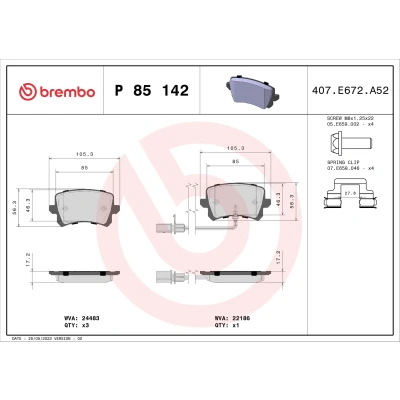 Imagen de BREMBO P 85 142 Juego de pastillas freno con contacto avisador desgaste tornillos pinza freno, Chapa antichirridos accesorios AUDI: Q3