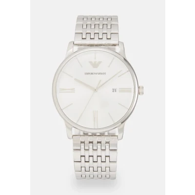 Imagen de Emporio Armani Reloj para hombre de acero inoxidable con tres agujas y fecha, AR11599, Tono plata blanco