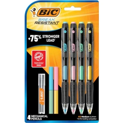 Imagen de Bic Portaminas resistentes a la rotura con gomas de borrar, punta media n.º 2 (0.7 mm), paquete 4 lápices para suministros escolares u oficina