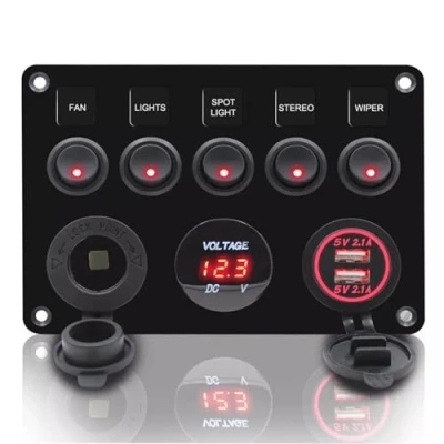 Imagen de Geloo Panel de Interruptores Basculantes 5 Pandillas IP65 Impermeable 12V/ 24V Puerto del Cargador USB Voltímetro Digital y Encendedor para Coche, Barco, Marina, Camiones, Campera