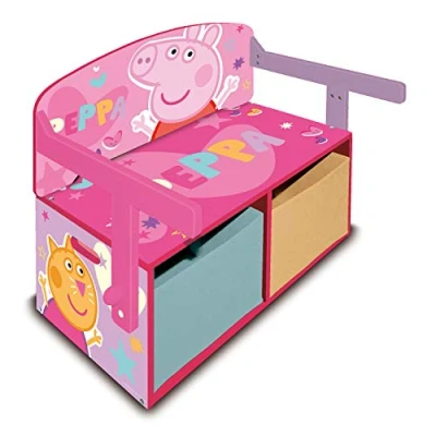 Imagen de ARDITEX Banco de Madera, Escritorio Infantil y 2 Cestos Textiles Almacenaje para Juguetes Peppa Pig 60 x 70 44 cm, Azul, Amarillo Rosa
