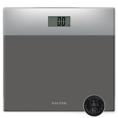 Imagen de Báscula de baño digital electrónica Salter 9206 SVSV3R, plataforma vidrio templado balanza, pantalla LCD fácil leer, activación al subirse, máx. 180 kg, 15 años garantía, plata/gris