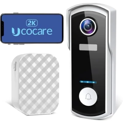 Imagen de UCOCARE Timbre Inalambrico con Camara WiFi, 3MP/2K Video Portero Inalámbrico Exterior Impermeable, Detección de Personas/Vehículos, Visión Nocturna, Audio Bidireccional, IP66, 180 Días Desde 1 Carga